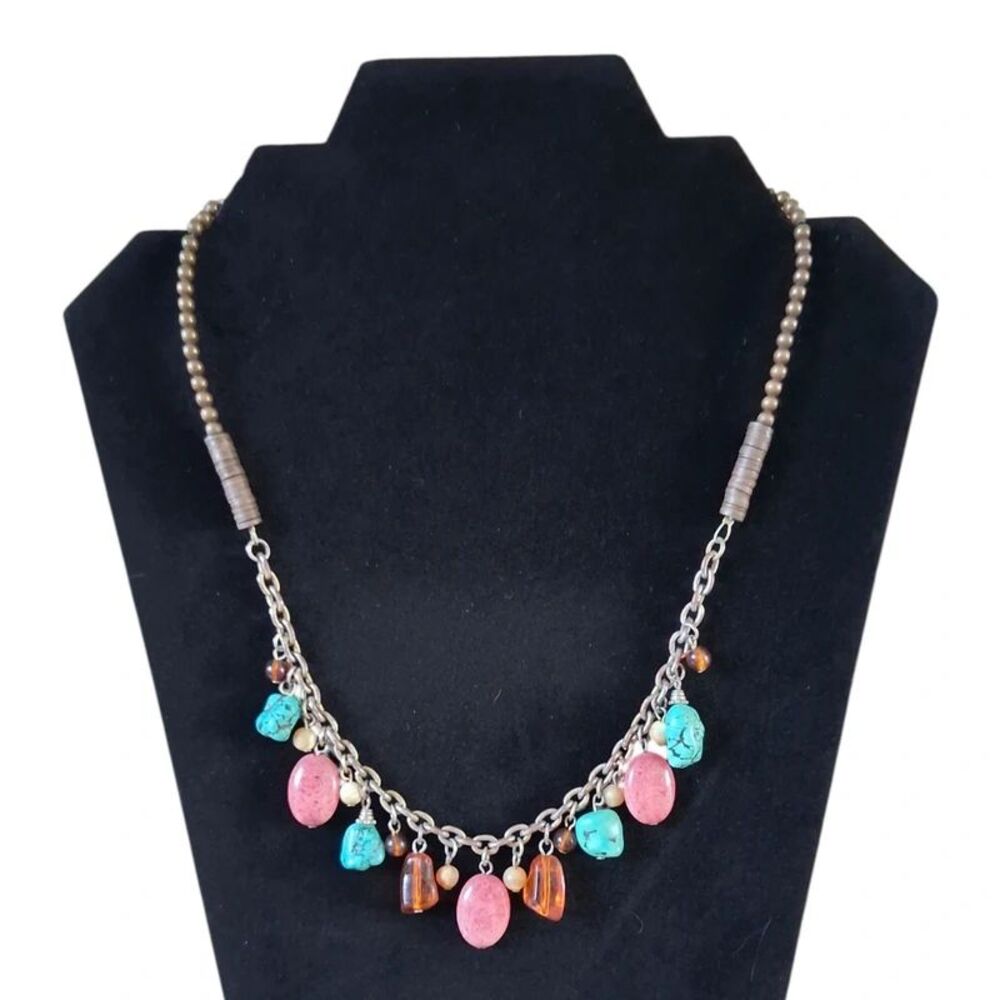 Coldwater Creek Metal Beads Multicolor Assorted Stone Charms Statement Necklace